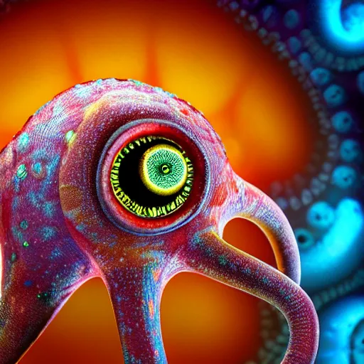 Image similar to whimsical fiery cephalopod eyes, in a photorealistic electron microscope with shallow dof