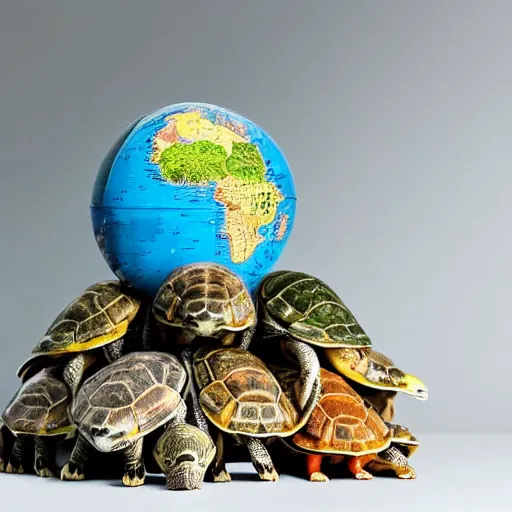 Image similar to a stack of turtles beneath a globe of the earth, earth globe on top