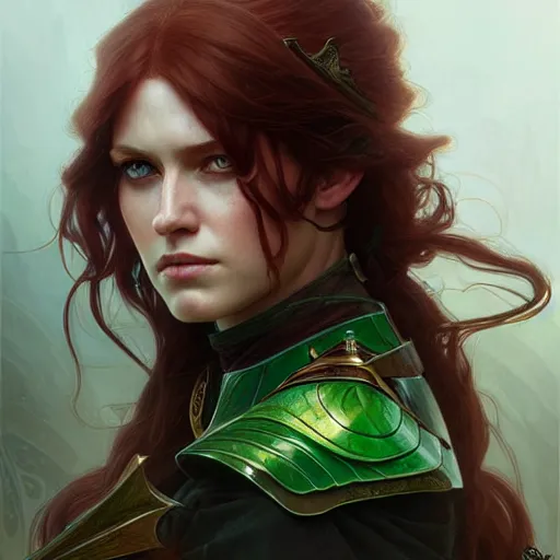 Image similar to Portrait of serious female ranger, D&D, green eyes, face, long red hair, fantasy, intricate, elegant, highly detailed, digital painting, artstation, concept art, smooth, sharp focus, illustration, art by artgerm and greg rutkowski and alphonse mucha