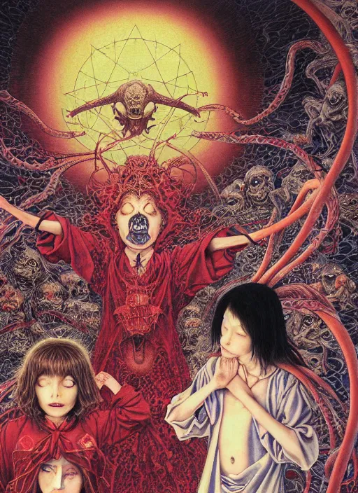 Prompt: realistic detailed image of a children performing an occult ritual in an old soviet school public bathroom, scared enlightened boy flying up in sky, imps and demons lurking in the shadows by Ayami Kojima, Amano, Karol Bak, Greg Hildebrandt, and Mark Brooks, Neo-Gothic, gothic, rich deep colors. art by Takato Yamamoto. masterpiece. from 2021 movie by Terrence Malick and Gaspar Noe