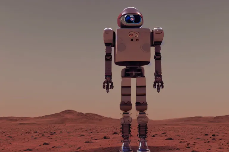 Image similar to a relaxed robot standing on mars looking at a mars base, blender render, 8 k, red lighting, misty, smog,