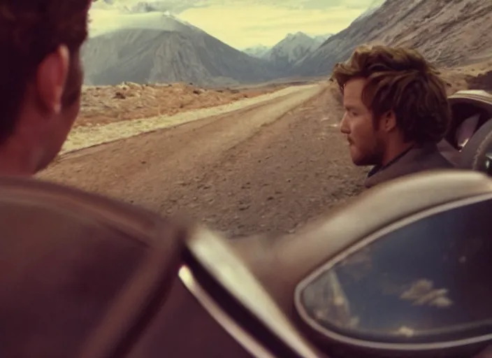 Image similar to a very high resolution image from a new movie, starlord. driving around. inside of a car. mountains, polaroid, directed by wes anderson