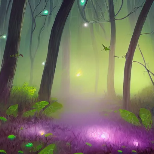 Prompt: Foggy violet woods with fireflies flying around. Video game artbook illustration.