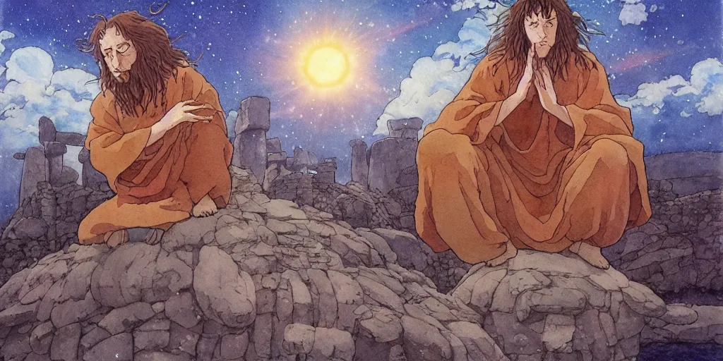 Image similar to a hyperrealist studio ghibli watercolor fantasy concept art of a giant long haired medieval monk in lotus position in stonehenge with a starry sky in the background. a giant ufo from independence day ( 1 9 9 6 ) is floating in the air. by rebecca guay, michael kaluta, charles vess