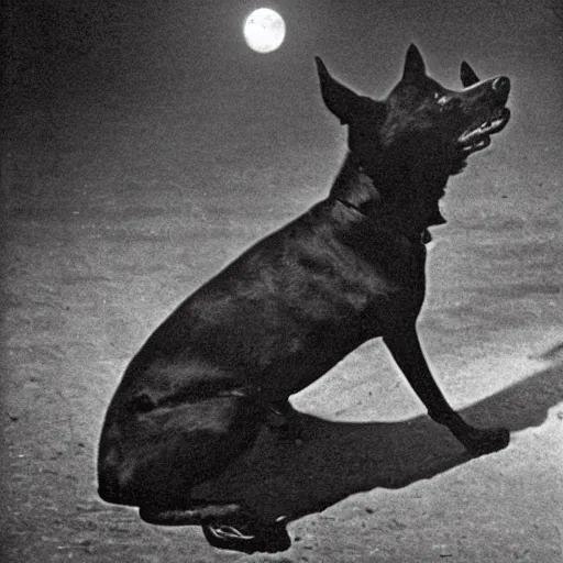 Image similar to an early 1 9 0 0 s photograph of a black dog marked by an extraterrestrial sigil, moonlight, nighttime,