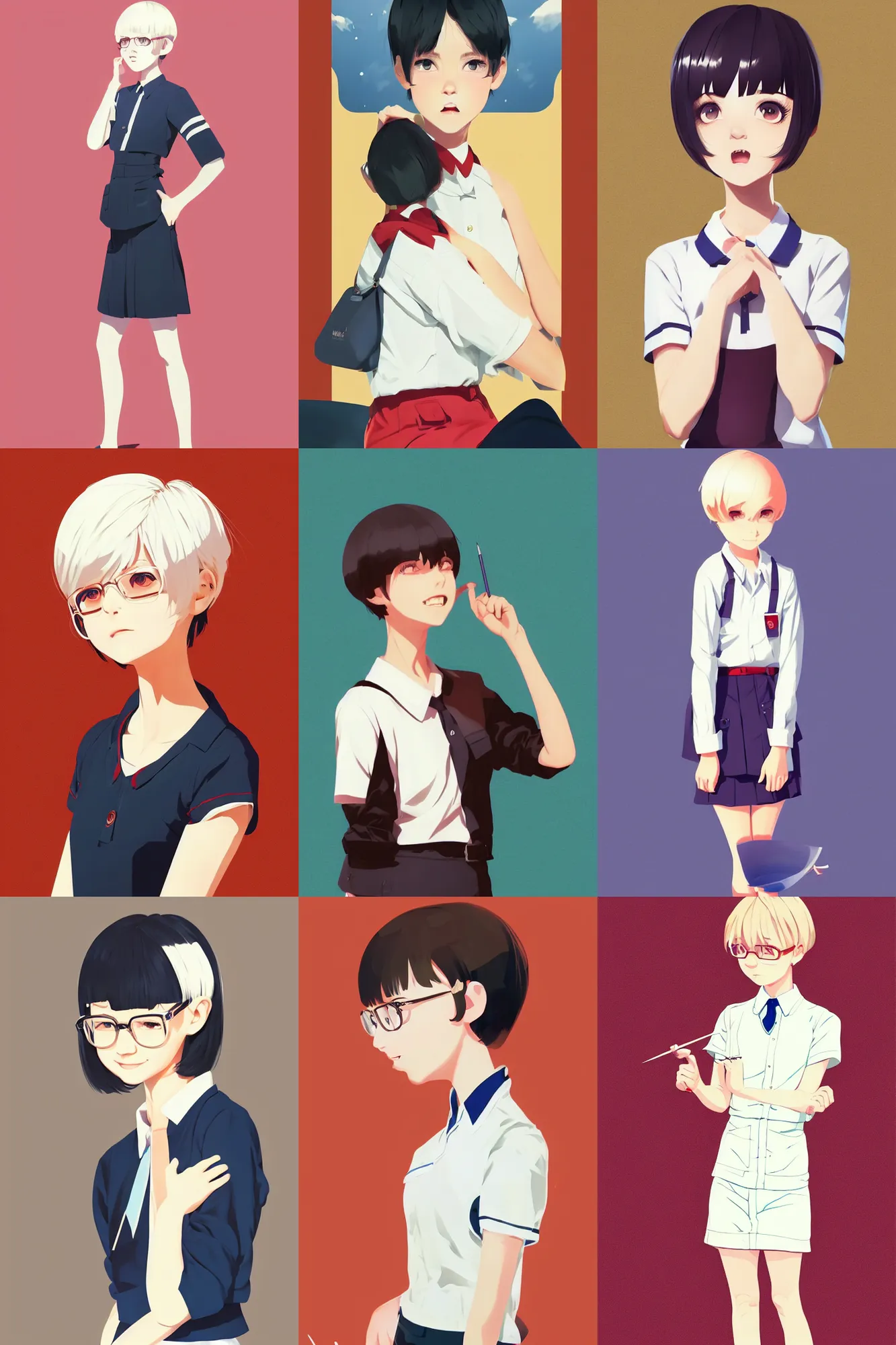 Prompt: a cute girl with shoulder - length white short hair wearing school uniform, happy expressions, cold pure color background, warm color clothes, sharp focus, youthful, illustration, morandi color scheme, art station, by ilya kuvshinov