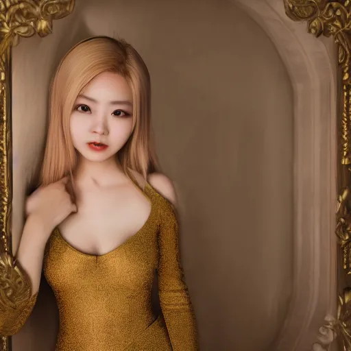 Image similar to portrait of a asian girl with blonde hair, in a fancy mansion, young cute beautiful face, wearing a expensive dress, detailed, 8 k, epic, charming, character, octane rendering, hyper realistic