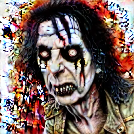 Prompt: graphic illustration, creative design, alice cooper as rob zombie, biopunk, francis bacon, highly detailed, hunter s thompson, concept art, mixed media