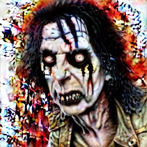 Image similar to graphic illustration, creative design, alice cooper as rob zombie, biopunk, francis bacon, highly detailed, hunter s thompson, concept art, mixed media