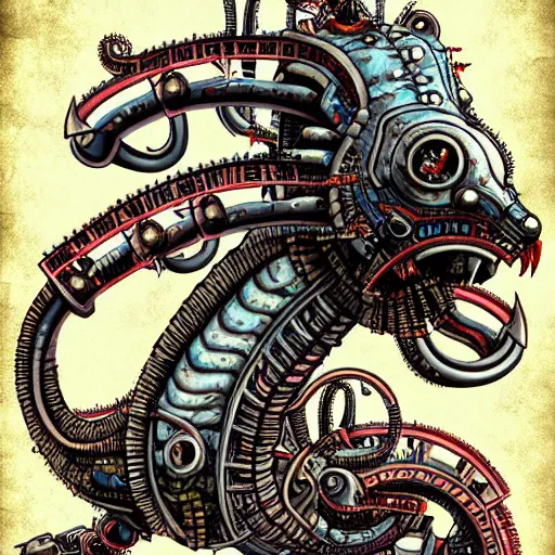 Prompt: a mechanical blueprint of a lovecraftian mechanized funny bull belly dragon, wide shot,, muted colors, post grunge, studio ghibli, hq, art by artgem