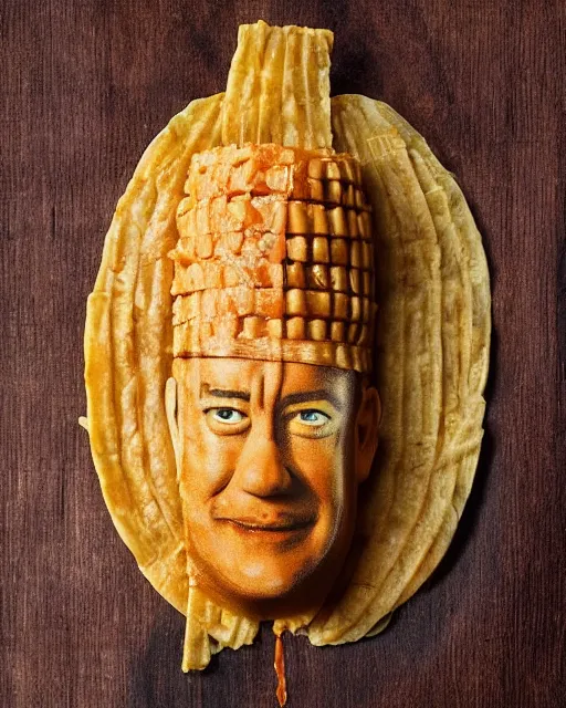 Image similar to tom hanks as a tamale, human face made out of a tamale, tom hanks with the texture of a tamale, professional food photography