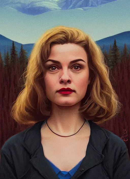 Image similar to twin peaks movie poster art, portrait of jaeda lily miller, from scene from twin peaks, clean, simple illustration, nostalgic, domestic, highly detailed, digital painting, artstation, concept art, smooth, sharp focus, illustration, artgerm, donato giancola, joseph christian leyendecker, wlop