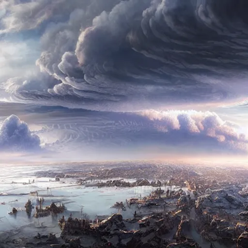 Image similar to world covered with enormous clouds, slightly visible ice covered world, matte painting, concept art, illustration highly detailed artwork cinematic hyper realistic