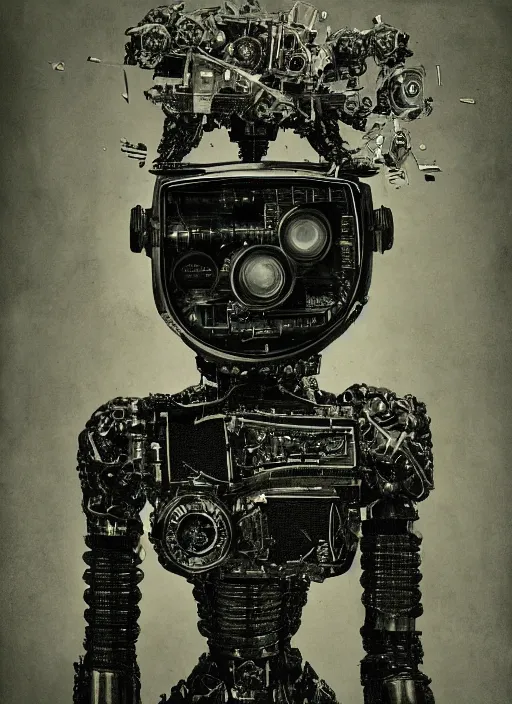 Image similar to old wetplate daguerreotype portrait of futuristic robot, dubbel negative exposure, explosion of data fragments, shallow dept of field, fractal, intricate, elegant, highly detailed, parallax, leica, medium format, subsurface scattering, by jheronimus bosch and greg rutkowski and louis jacques mande daguerre