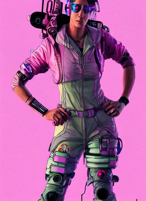 Image similar to maria. apex legends cyberpunk athlete in pink jumpsuit. concept art by james gurney and mœbius. cinematic, dramatic lighting, high detail 4 k