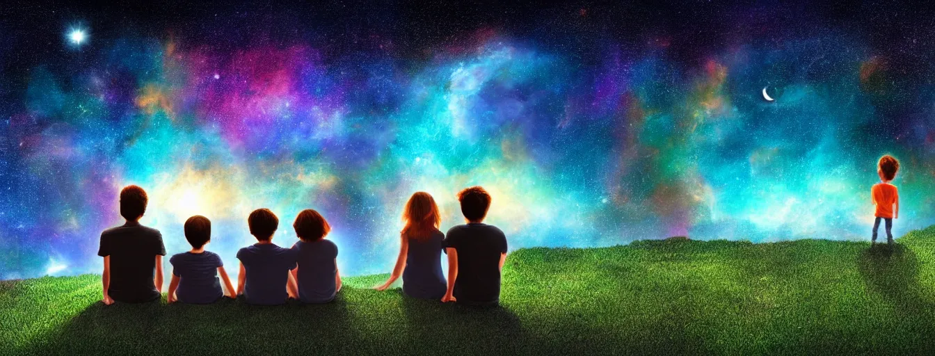 Image similar to rear view of a young couple and a kid holding hands, with a dog sitting next to them in a small green planet looking to the night sky displaying an entire colorful universe, digital art, epic, colorful, highly detailed