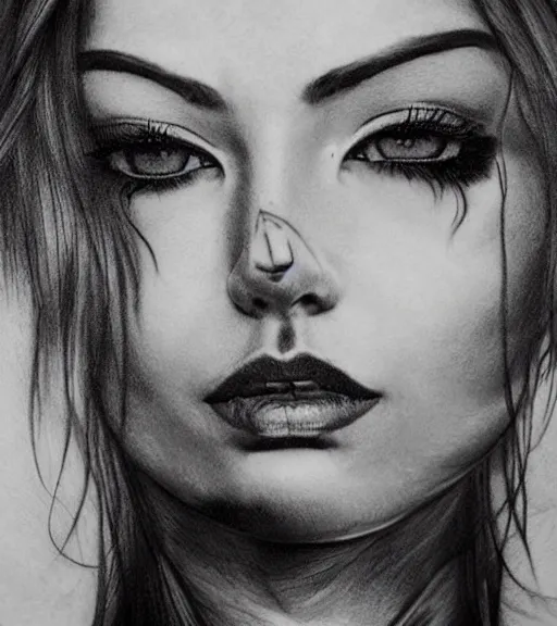 Prompt: blend of a hyper realistic mountain scenery with a beautiful woman face, tattoo design sketch, in the style of matteo pasqualin, hyper - realistic, amazing detail, black and white