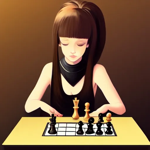 Image similar to portrait by ilya kuvshinov of a beautiful blonde girl playing chess at a table, slight smile, symmetrical face, trending on pixiv, fhd, detailed, subdued color palette