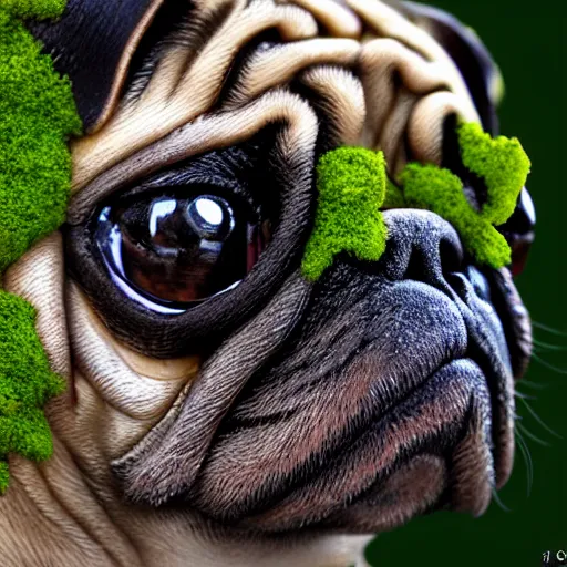 Image similar to closeup of a pug with moss growing out of its face folds, macro photography, overgrown pug, high resolution photo, trending on artstation