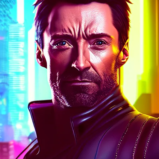 Image similar to hugh jackman portrait, cyberpunk 2 0 7 7, photorealistic, ultra detailed, neon, octane rendered, bokeh, cinematic lighting, cyber, cyberpunk city, feature, scars, cyberface, 8 k