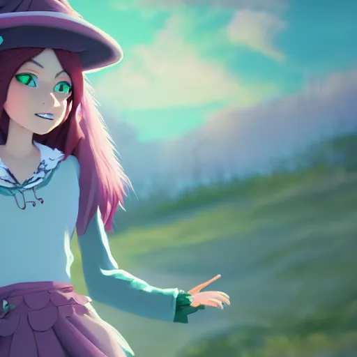 Image similar to A young adult witch with a cottage-core aesthetic with rose-colored hair and teal clothing, Nobutaka Ike, animated film still, character design, fantasy, 3D, 8k resolution