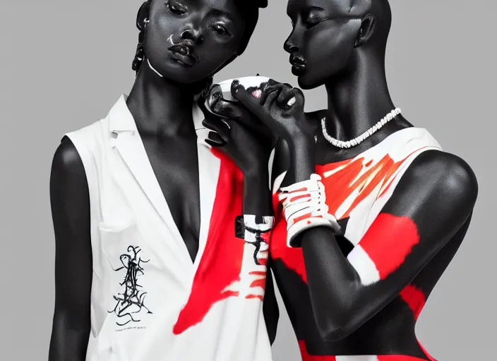 Image similar to black marble statue of a beautiful woman with colorful motocross logos in the style of virgil abloh, very very beautiful, detailed, off white, heron preston, 8 k, 4 k, detailed, beautiful, symmetrical, vogue, editorial, fashion, magazine, model