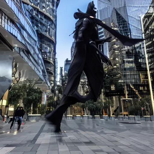 Image similar to dark wizard from mu online running through costanera center in santiago de chile, cyberpunk art