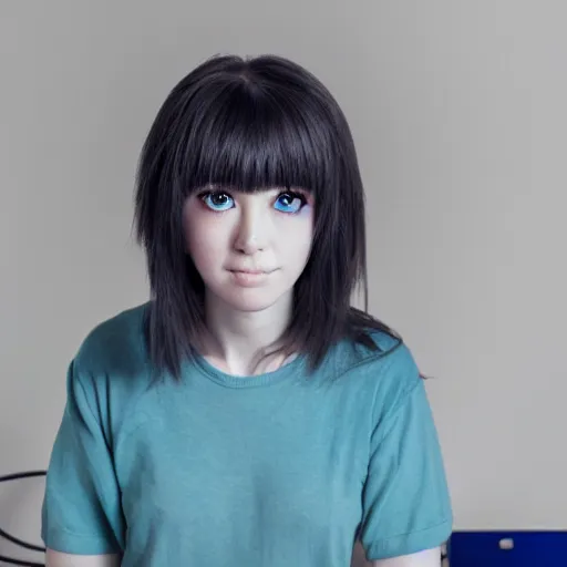 Prompt: (anime girl), steel blue symmetric eyes ,sitting on simple IKEA chair, 24yo, studio, 35mm, annie leibowit