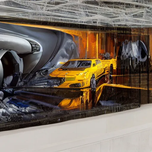 Image similar to car truck race sci-fi wall structure on the coronation of napoleon painting and digital billboard in the middle, unreal engine 5, keyshot, octane, artstation trending, ultra high detail, ultra realistic, cinematic, 8k, 16k, in style of zaha hadid, in plastic, dark, tilt shift,