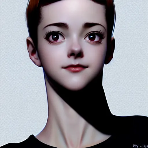 Image similar to youth sean young very slightly smiling, occlusion shadow, specular reflection, rim light, unreal engine, range murata, artstation, pinterest, art by hiroaki samura and ilya kuvshinov and rossdraws, intricate, highly detailed 8 k, art deco illustration, extremely beautiful shape of face, neck, shoulders eyes