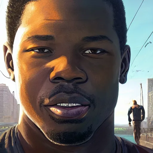 Image similar to highly detailed portrait, curtis jackson it's 5 0 cents, in gta v, stephen bliss, unreal engine, fantasy art by greg rutkowski, loish, rhads, ferdinand knab, makoto shinkai and lois van baarle, ilya kuvshinov, rossdraws, tom bagshaw, global illumination, radiant light, detailed and intricate environment