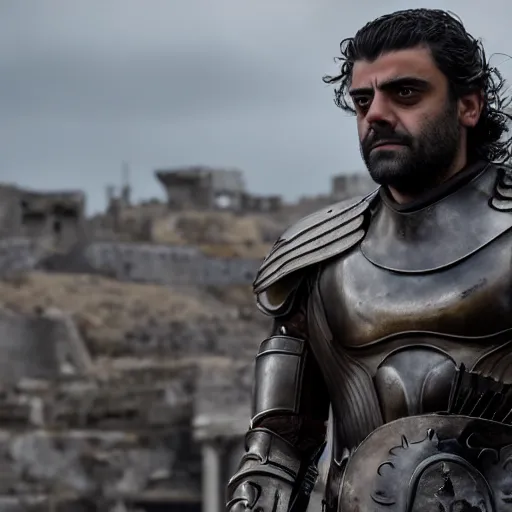 Image similar to oscar isaac in armor playing achilles, ancient city in background, ultra detailed, realistic, photography, movie poster