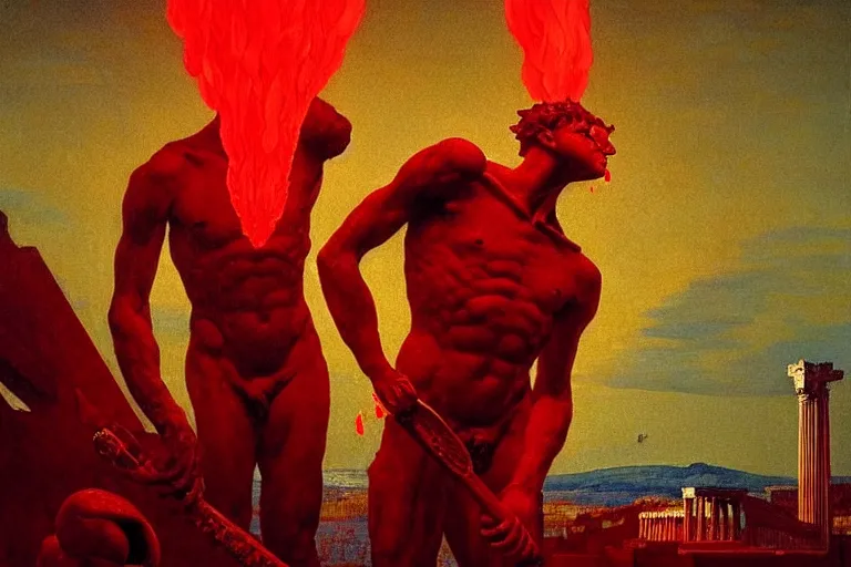 Image similar to only with red, a red melted apollo with a laurel wreath and a flaming sword announce win, athens in background, in the style of beksinski, parts by edward hopper, parts by rodcenko, parts by yue minjun, intricate and epic composition, red by caravaggio, insanely quality, highly detailed, masterpiece, red light, artstation, 4 k