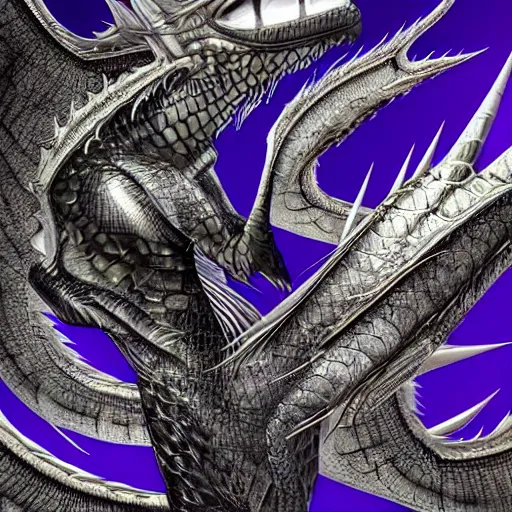 Prompt: a 128 foot tall elegant female silver western dragon with purple accents, having a 360 foot long wingspan; The scales smooth and streamlined, while having a sleek and sharp crest; two eyes bright blue; the snout sharp and pointed, yet sleek and elegant; close-up bust, high quality 16k digital art, deviantart, furaffinity