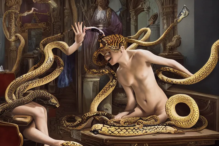 Image similar to Medusa having her snakes styled at the salon. Highly detailed, 8k resolution, ultrarealistic