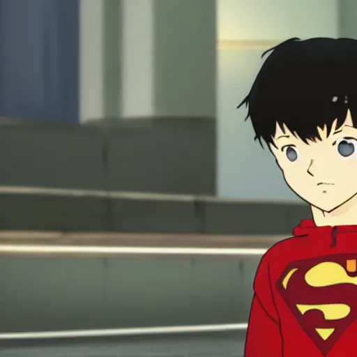 Image similar to Jon Kent superboy standing triumphantly. Anime still. Makoto shinkai. Kuvshinov ilya.