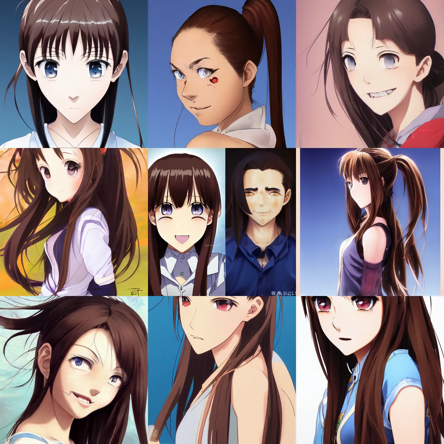Prompt: An anime portrait of a woman with straight shoulder-length brown hair, a ponytail, a part in her hair, with bright blue eyes, big teeth, a big forehead, and large eyebrows, without glasses, medium shot portrait, by Stanley Artgerm Lau, WLOP, Rossdraws, James Jean, Andrei Riabovitchev, Marc Simonetti, and Sakimi chan, trending on artstation