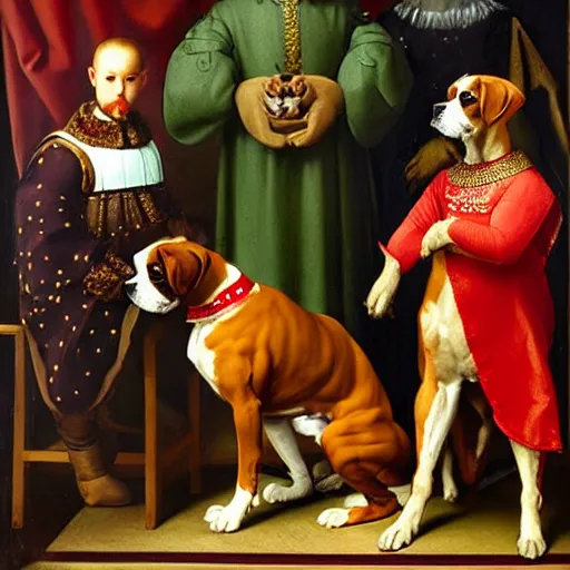 Prompt: potrait of boxer dog dressed as a king in a royal gown, renaissance painting