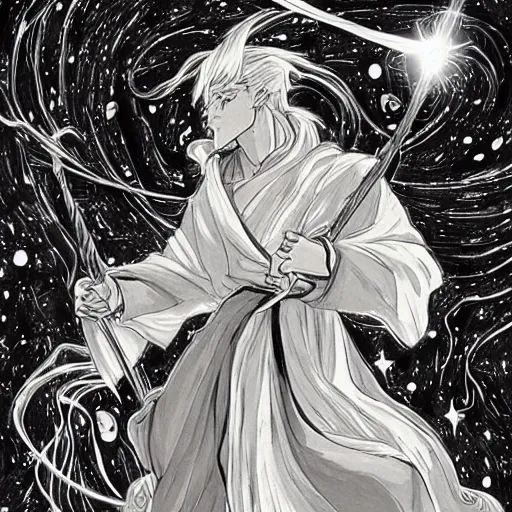 Prompt: black and white pen and ink!!!!!!! Skinny Jack Black wearing cosmic space robes made of stars final form flowing royal!!! mage hair golden!!!! Vagabond!!!!!!!! floating magic swordsman!!!! glides through a beautiful!!!!!!! Camellia!!!! Tsubaki!!! death-flower!!!! battlefield behind!!!! dramatic esoteric!!!!!! Long hair flowing dancing illustrated in high detail!!!!!!!! by Moebius and Hiroya Oku!!!!!!!!! graphic novel published on 2049 award winning!!!! full body portrait!!!!! action exposition manga panel black and white Shonen Jump issue by David Lynch eraserhead and beautiful line art Hirohiko Araki!! Tite Kubo!!!!!, Kentaro Miura!, Jojo's Bizzare Adventure!!!!