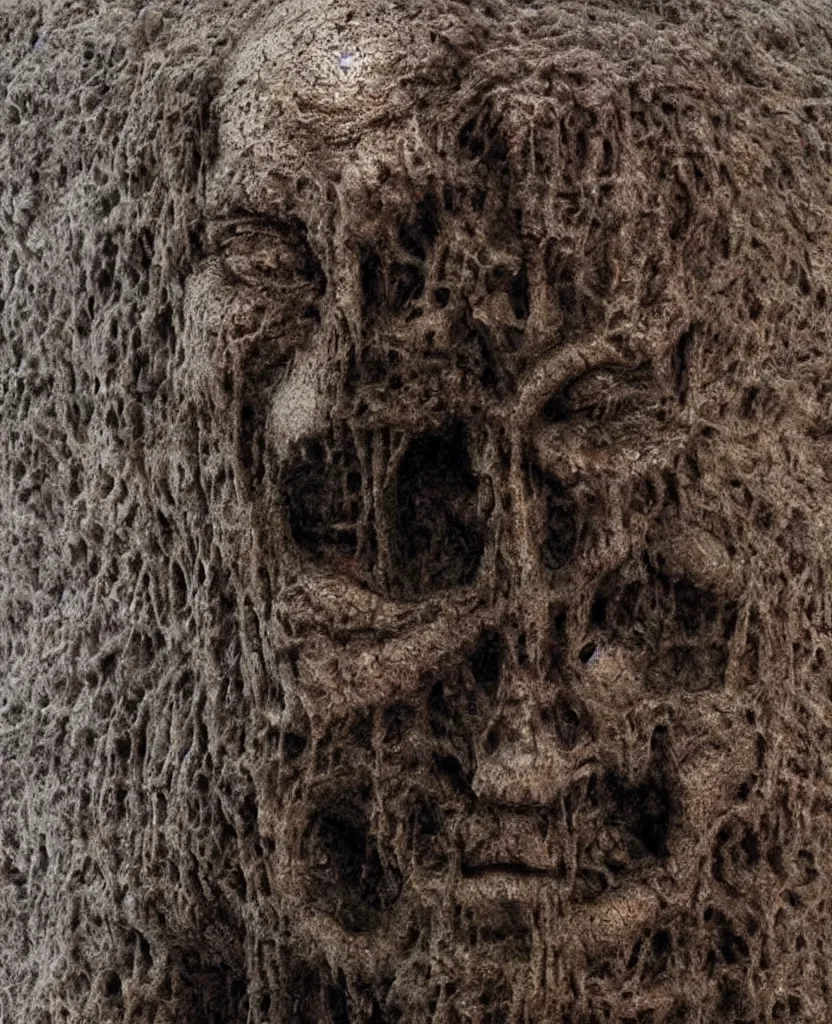 Prompt: giant head sculpture in the hell by zdislaw beksinski