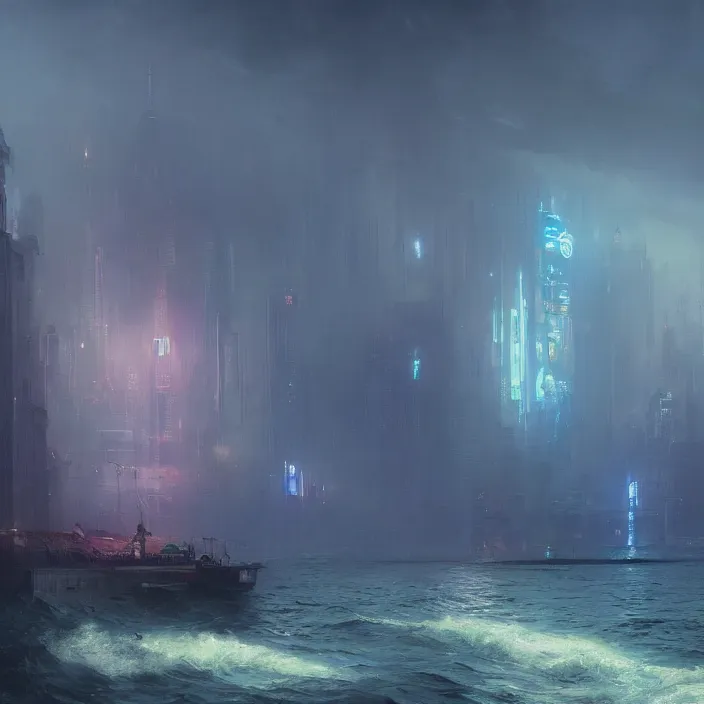 Image similar to a beautiful painting of a cyberpunk city on the sea by ivan aivazovsky and greg rutkowski and james gurney and frank lloyd and sung choi, in style of digital art illustration. hyper detailed, sharp focus, soft light. unreal engine 5 lumen. ray tracing. trending on artstation.