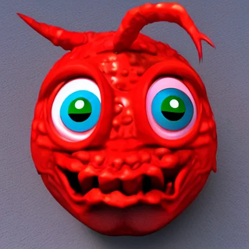 Prompt: a red monster made out of plastic with big cartoon eyeballs 3 d