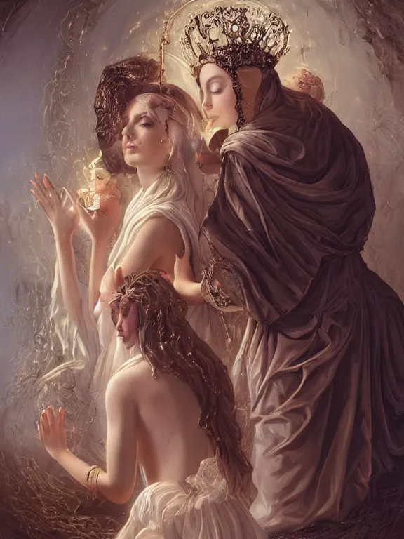 Image similar to a complex concept art ultra detailed of two baroque catholic veiled perfect female face android queens kneel and pray with lots of electric cable behind them connected to giant computer,bowknot, fine lace, GUCCI, sparkling, jewel embellishment, film lighting, by Andrei Riabovitchev,Stanely Artgerm, Tom Bagshaw, Andrei Riabovitchev, aaron horkey, trending on pinterest, full of color, mythological, high detailed,golden ratio,cinematic lighting