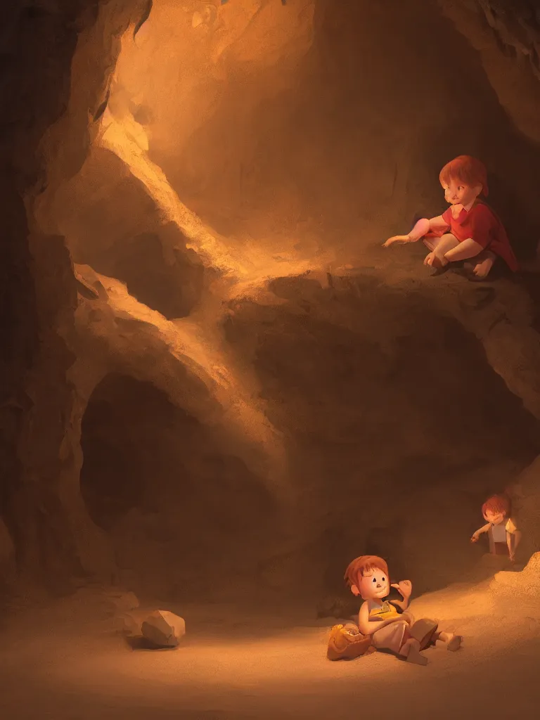 Image similar to lit child, in a dark cave, by disney concept artists, blunt borders, golden ratio, soft light