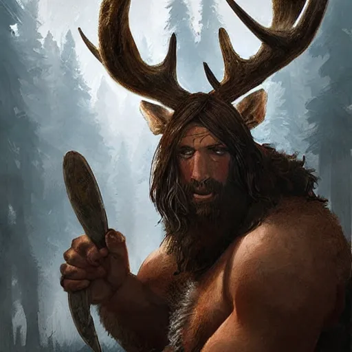 Prompt: hairy barbarian with moose head, digital art, greg rutkowski