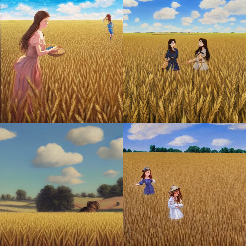 Prompt: Catgirls playing in a wheat field under an azure sky. Oil Painting, 2020