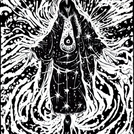 Image similar to black and white pen and ink!!!!!!! Suprani!!!!! wizard Silent Bob wearing High Cosmic print robes made of stars flaming!!!! final form flowing ritual royal!!! Vagabond!!!!!!!! floating magic swordsman!!!! glides dancing through a beautiful!!!!!!! Camellia!!!! Tsubaki!!! death-flower!!!! battlefield behind!!!! dramatic esoteric!!!!!! Long hair flowing dancing illustrated in high detail!!!!!!!! by Hiroya Oku!!!!!!!!! graphic novel published on 2049 award winning!!!! full body portrait!!!!! action exposition manga panel black and white Shonen Jump issue by David Lynch eraserhead and beautiful line art Hirohiko Araki!! Frank Miller, Kentaro Miura!, Jojo's Bizzare Adventure!!!! 3 sequential art golden ratio technical perspective panels horizontal per page