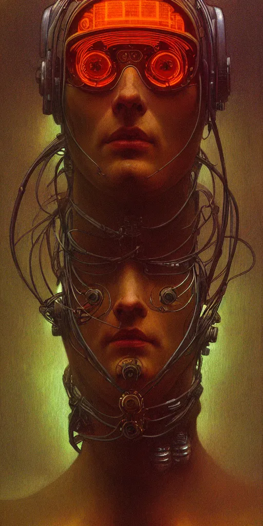 Image similar to ultra detailed, realistic cyberpunk portrait of one character, sci fi, cybernetic, wires, ar nouveau, by alfons maria mucha and zdzisław beksinski, dark mood, high detailed, 4 k, hd, high quality