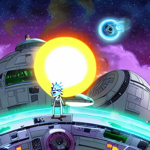 Image similar to screenshot rick and morty flying in their regular ufo in deep space, the death star explodes on background