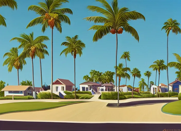 Prompt: houses near the beach, palm trees, 8 0's aesthetic, kenton nelson,